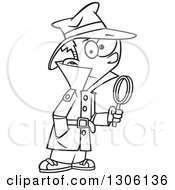 Lineart Clipart Of A Cartoon Black And White Detective Boy Holding A Magnifying Glass Royalty Free Outline Vector Illustration by toonaday