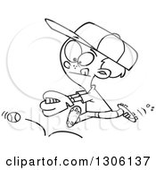 Lineart Clipart Of A Cartoon Black And White Boy Chasing A Bouncing Baseball Royalty Free Outline Vector Illustration