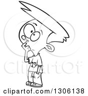 Lineart Clipart Of A Cartoon Black And White Boy Touching His Face And Thinking Royalty Free Outline Vector Illustration
