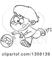 Lineart Clipart Of A Cartoon Black And White Boy Playing And Chasing A Ball Royalty Free Outline Vector Illustration