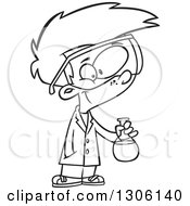 Lineart Clipart Of A Cartoon Black And White Smart Boy Holding A Flask In A Science Lab Royalty Free Outline Vector Illustration
