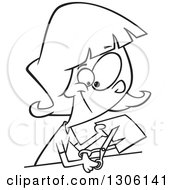 Poster, Art Print Of Cartoon Black And White Happy Girl Or Woman Cutting A Piece Of Paper