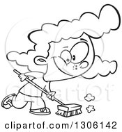 Lineart Clipart Of A Cartoon Black And White Girl Using A Shop Broom Royalty Free Outline Vector Illustration by toonaday