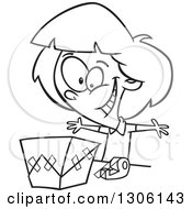 Lineart Clipart Of A Cartoon Black And White Excited Girl Wrapping A Gift Royalty Free Outline Vector Illustration