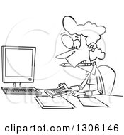 Lineart Clipart Of A Cartoon Black And White Female Accountant Working Hard At Her Desk Royalty Free Outline Vector Illustration