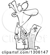Lineart Clipart Of A Cartoon Black And White Shocked Businessman Reading A Long Bill Royalty Free Outline Vector Illustration