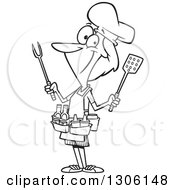 Poster, Art Print Of Cartoon Black And White Barbeque Queen Woman With Utensils And Condiments