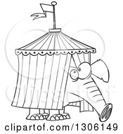 Lineart Clipart Of A Cartoon Black And White Circus Elephant Stuck In A Big Top Tent Royalty Free Outline Vector Illustration