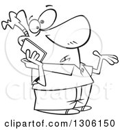 Lineart Clipart Of A Cartoon Black And White Confused Shrugging Man Talking On A Smart Cell Phone Royalty Free Outline Vector Illustration