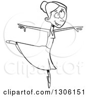 Lineart Clipart Of A Cartoon Black And White Graceful Ballerina Dancer In Action Royalty Free Outline Vector Illustration by toonaday