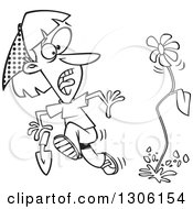 Cartoon Black And White Flower Springing Up And Scaring A Woman In A Garden