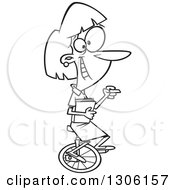 Cartoon Black And White Happy Female Teacher Riding A Unicycle Holding Books And Chalk