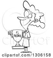 Lineart Clipart Of A Cartoon Black And White Happy Mom Holding A Trophy Royalty Free Outline Vector Illustration by toonaday