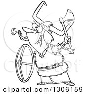 Lineart Clipart Of A Cartoon Black And White Excited Female Viking Ready For Battle Royalty Free Outline Vector Illustration