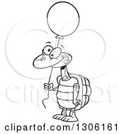 Lineart Clipart Of A Cartoon Black And White Happy Tortoise Turtle Holding A Party Balloon Royalty Free Outline Vector Illustration by toonaday