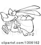 Lineart Clipart Of A Cartoon Black And White Happy Running Bunny Rabbit With A Sack Of Eggs Royalty Free Outline Vector Illustration