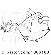 Poster, Art Print Of Cartoon Black And White Unamused Big Fish Looking Back At An Optimistic Fish Trying To Attack