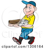 Poster, Art Print Of Cartoon Happy White Boy Walking And Carrying Firewood