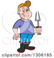 Clipart Of A Cartoon Happy White Man Or Boy Holding A Bbq Fork Royalty Free Vector Illustration