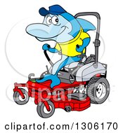 Cartoon Blue Shark Operating A Red Riding Lawn Mower