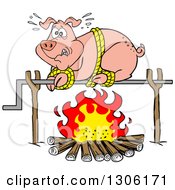 Cartoon Scared Pig On A Spit Over A Fire