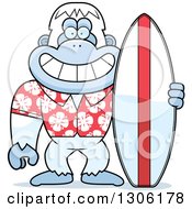 Cartoon Happy Grinning Yeti Abominable Snowman Monkey With A Summer Surf Board