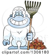 Poster, Art Print Of Cartoon Happy Grinning Yeti Abominable Snowman Monkey With A Rake And Autumn Leaves