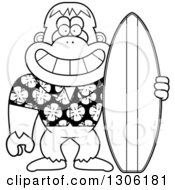 Poster, Art Print Of Cartoon Black And White Happy Grinning Yeti Abominable Snowman Monkey With A Summer Surf Board