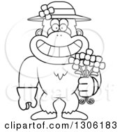 Poster, Art Print Of Cartoon Black And White Happy Grinning Yeti Abominable Snowman Monkey Wearing Gardening Gloves A Hat And Holding Spring Daisy Flowers