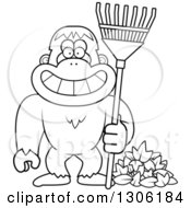 Poster, Art Print Of Cartoon Black And White Happy Grinning Yeti Abominable Snowman Monkey With A Rake And Autumn Leaves