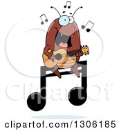 Cartoon Happy Flea Character Playing A Guitar On A Music Note