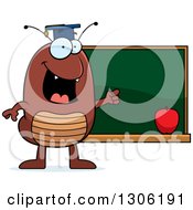 Cartoon Happy Flea Teacher Character Pointing To A Chalk Board