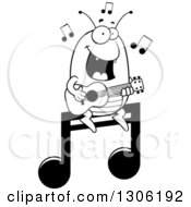 Cartoon Black And White Happy Flea Character Playing A Guitar On A Music Note