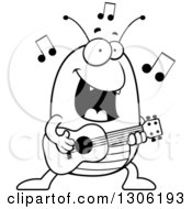 Cartoon Black And White Happy Flea Character Playing A Guitar