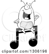 Cartoon Black And White Happy Flea Character Sitting On A Music Note