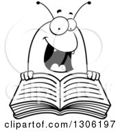 Cartoon Black And White Happy Flea Character Reading A Book