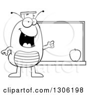 Lineart Clipart Of A Cartoon Black And White Happy Flea Teacher Character Pointing To A Chalk Board Royalty Free Outline Vector Illustration