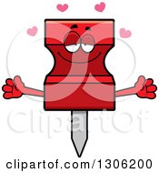 Poster, Art Print Of Cartoon Loving Red Push Pin Character Wanting A Hug With Open Arms And Hearts