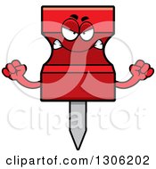 Clipart Of A Cartoon Mad Red Push Pin Character Holding Up Fists Royalty Free Vector Illustration