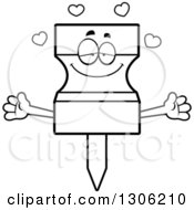 Lineart Clipart Of A Cartoon Black And White Loving Push Pin Character Wanting A Hug With Open Arms And Hearts Royalty Free Outline Vector Illustration