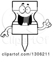 Lineart Clipart Of A Cartoon Black And White Smart Push Pin Character With An Idea Royalty Free Outline Vector Illustration