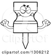 Lineart Clipart Of A Cartoon Black And White Mad Push Pin Character Holding Up Fists Royalty Free Outline Vector Illustration by Cory Thoman