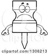 Lineart Clipart Of A Cartoon Black And White Sad Depressed Push Pin Character Pouting Royalty Free Outline Vector Illustration by Cory Thoman