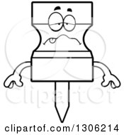 Lineart Clipart Of A Cartoon Black And White Sick Push Pin Character Royalty Free Outline Vector Illustration by Cory Thoman