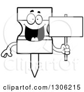 Lineart Clipart Of A Cartoon Black And White Happy Push Pin Character Holding A Blank Sign Royalty Free Outline Vector Illustration by Cory Thoman