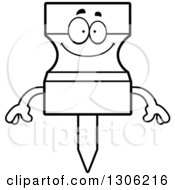 Lineart Clipart Of A Cartoon Black And White Happy Push Pin Character Smiling Royalty Free Outline Vector Illustration by Cory Thoman