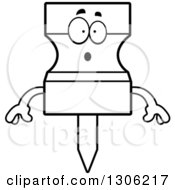 Lineart Clipart Of A Cartoon Black And White Surprised Push Pin Character Gasping Royalty Free Outline Vector Illustration
