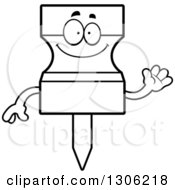 Lineart Clipart Of A Cartoon Black And White Happy Friendly Push Pin Character Waving Royalty Free Outline Vector Illustration by Cory Thoman