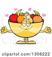 Poster, Art Print Of Cartoon Loving Fruit Bowl Character Wanting A Hug With Open Arms And Hearts