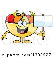 Poster, Art Print Of Cartoon Happy Fruit Bowl Character Holding A Blank Sign